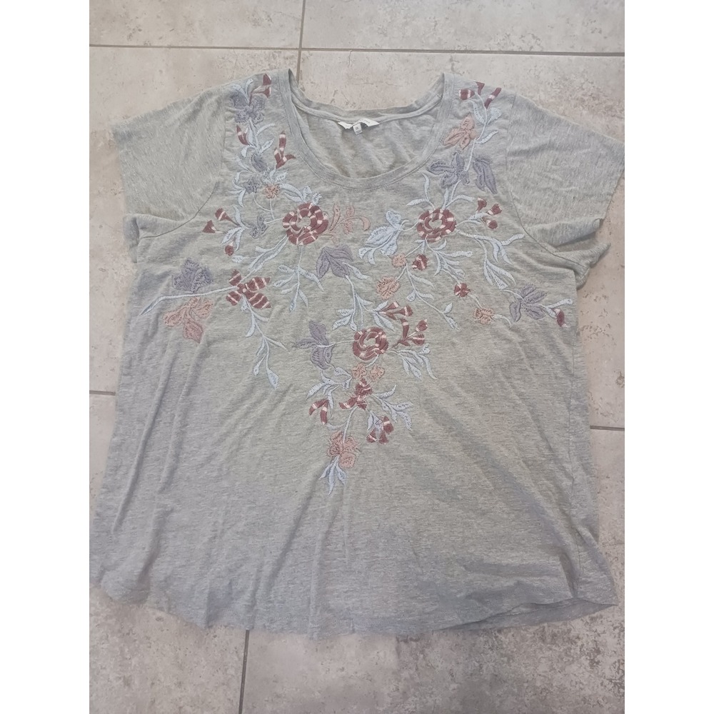 Lucky Brand Women Gray Floral Embroidered Short Sleeve Scoop Neck Tee Shirt 1X
